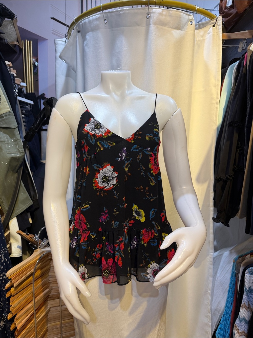 McQ by Alexander McQueen Black Floral Ruffle-Hem Camisole